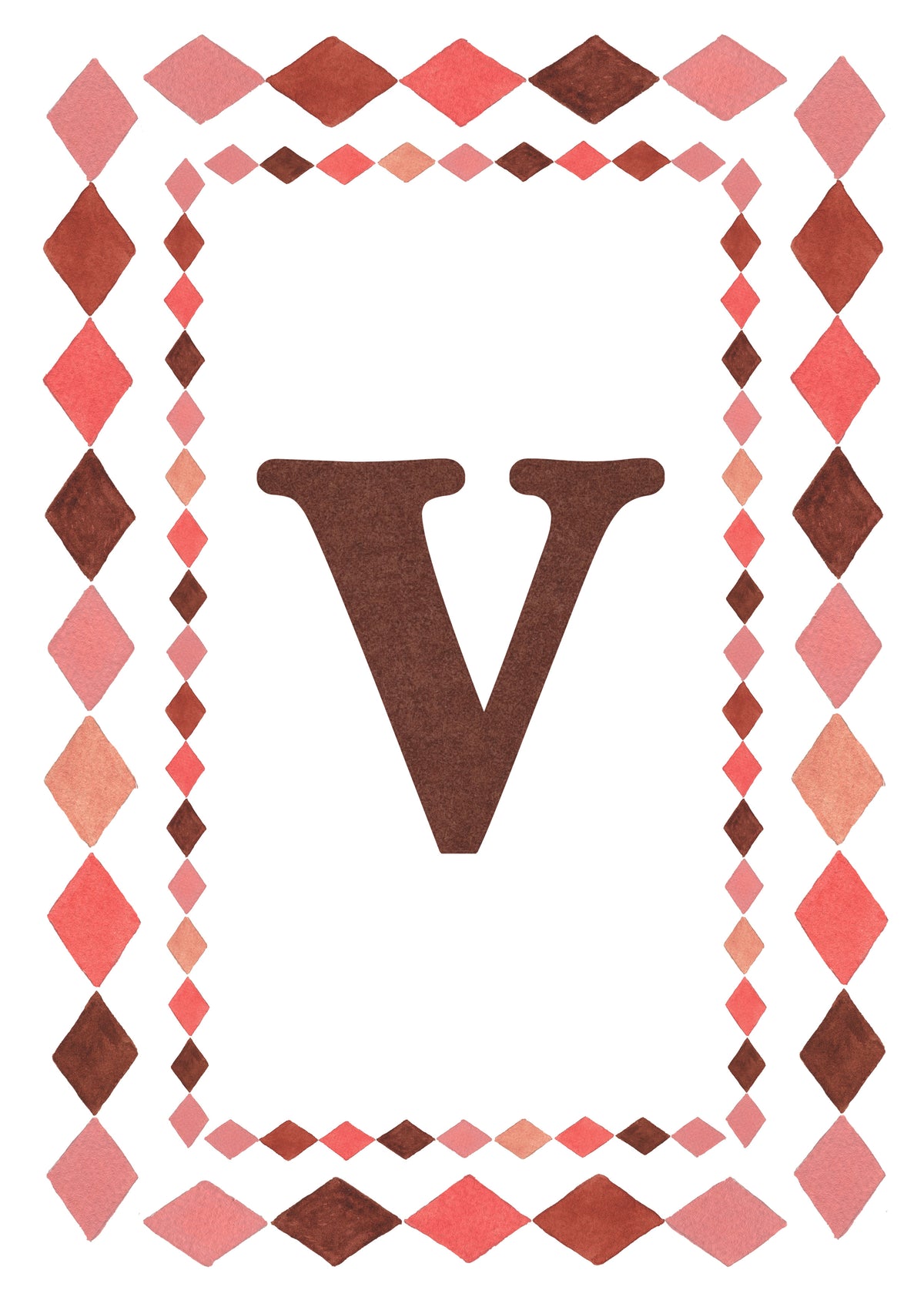 Watercolour letter V art print in warm brown on a white background, with a double harlequin diamond border in coral pink, blush and brown.
