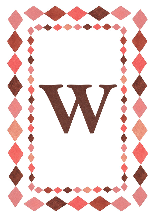 Watercolour letter W art print in warm brown with a double harlequin diamond border in coral pink, blush and brown on a white background.