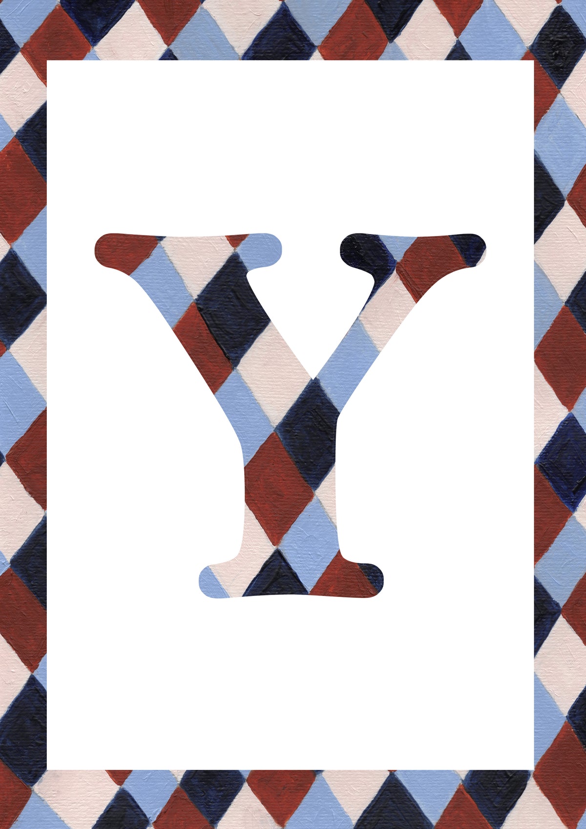 Capital letter Y in a pale blue, navy, warm brown and cream harlequin diamond pattern, with a matching patterned border around a white centre.