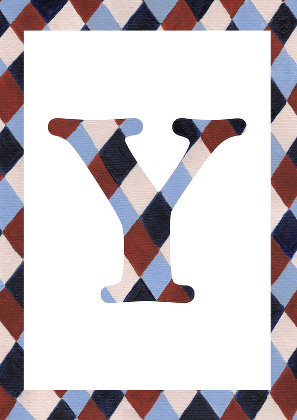 Capital letter Y in a pale blue, navy, warm brown and cream harlequin diamond pattern, with a matching patterned border around a white centre.