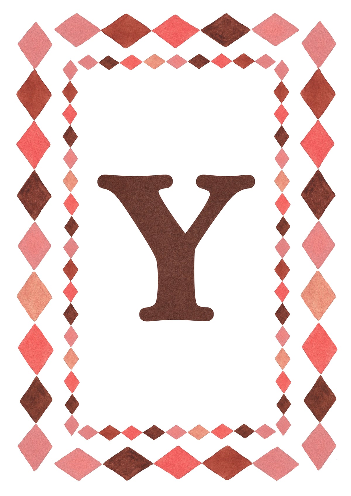 Watercolour letter Y art print in warm brown on a white background, with a double harlequin diamond border in coral pink, blush and brown.