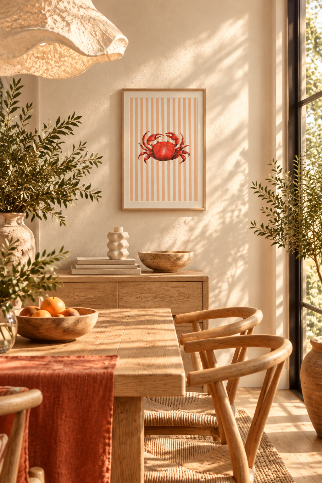 A framed art print featuring a red crab on vertical cream and orange stripes, displayed on a beige wall in a warm, sunlit dining room setting.