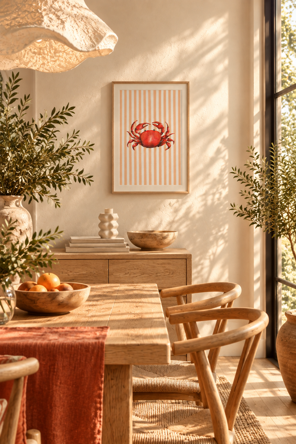 A framed art print featuring a red crab on vertical cream and orange stripes, displayed on a beige wall in a warm, sunlit dining room setting.