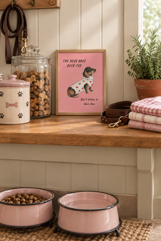 The Dogs Have Been Fed watercolour art print in a small A5 oak frame, propped on a utility room worktop beside a jar of dog biscuits and a lead, showing a dachshund in a heart jumper on a blush pink background.