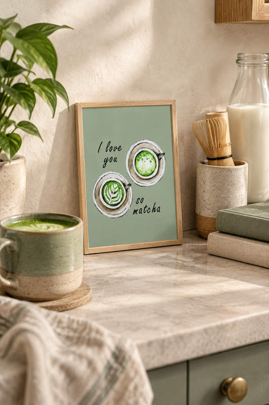 A framed art print with a light wood frame and a sage green background, featuring two illustrated matcha coffee cups with the text 'I love you so matcha'. The print is styled on a marble countertop next to a green ceramic mug, a potted plant, and other kitchen items.