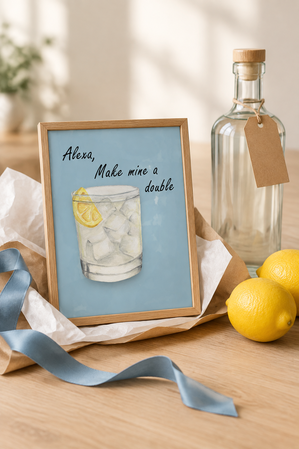 Alexa Make Mine A Double watercolour art print in a small A5 oak frame, partly unwrapped from tissue paper with a blue ribbon beside a gin bottle and lemons, showing a gin and tonic on a soft dusty blue background.