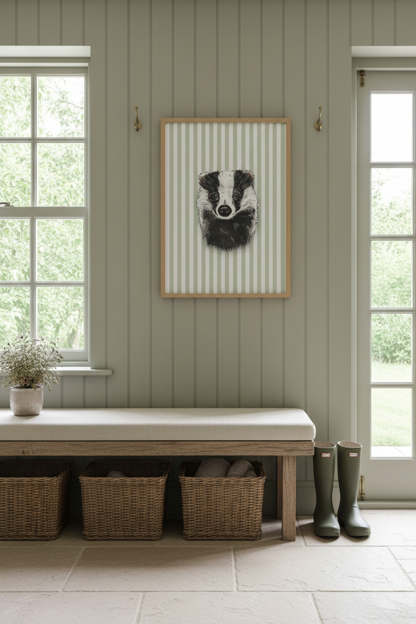 BADGER green stripe art print in a pale oak frame, styled in a sunlit country boot room with sage panelling, an oak bench and wicker baskets.