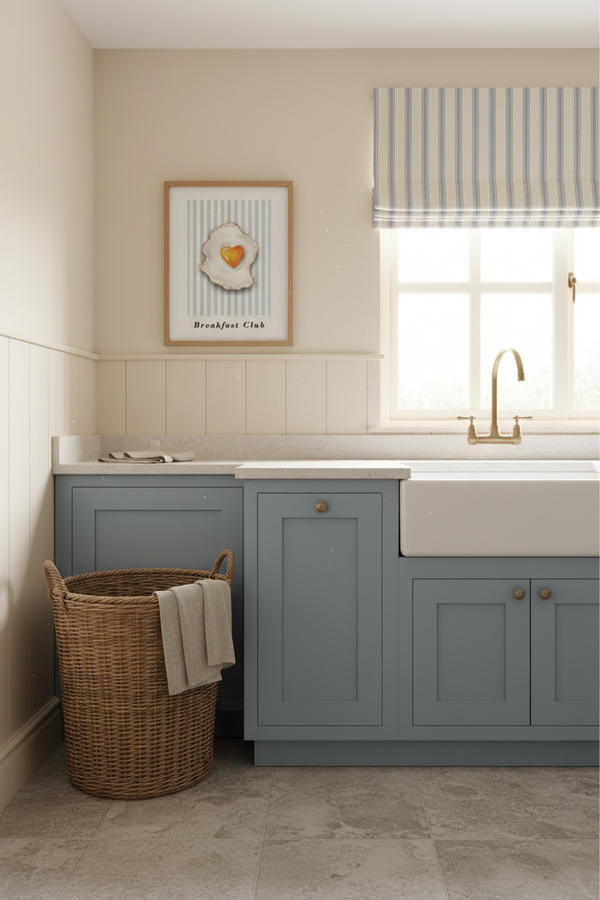 Blue BREAKFAST CLUB art print in a white bobbin frame, styled in a light blue English pantry with oak shelving and cream ceramics.
