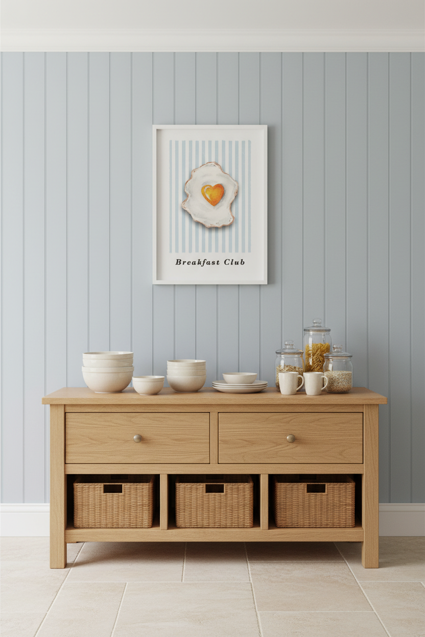 Blue BREAKFAST CLUB art print in a white bobbin frame, styled in a light blue English pantry with oak shelving and cream ceramics.