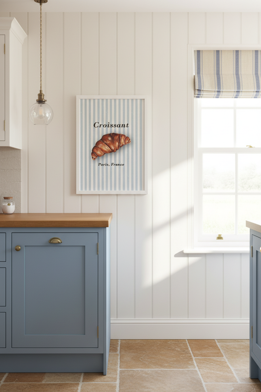 A framed wall art print featuring a croissant on vertical blue-and-white stripes, hung on a white paneled kitchen wall above a blue cabinet in a bright, sunlit kitchen.