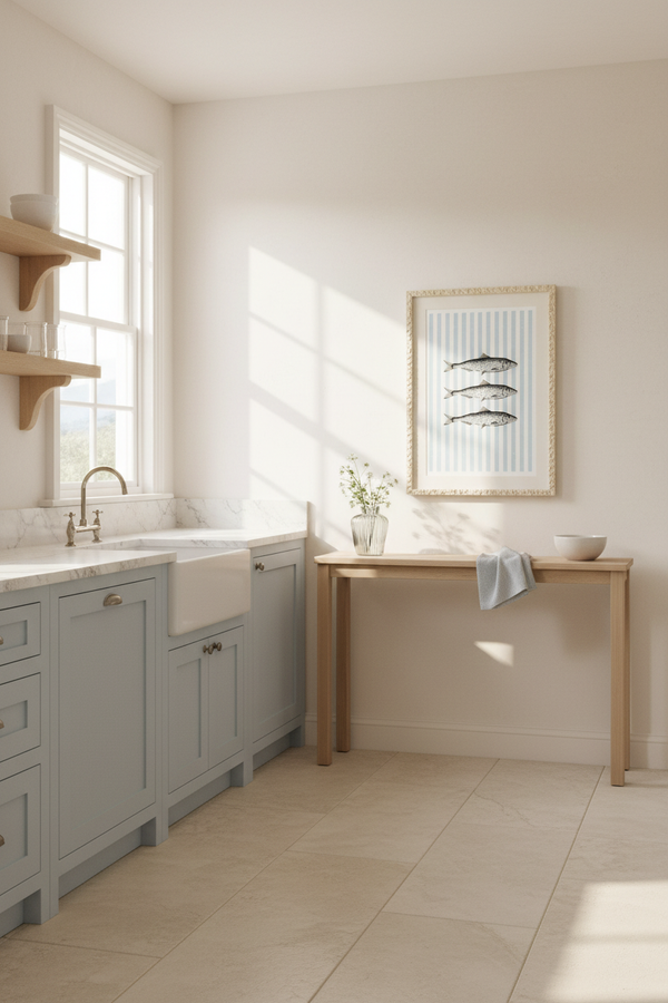 A bright, modern kitchen interior with light blue cabinets, a white farmhouse sink, a wooden console table, and framed wall art under a window.