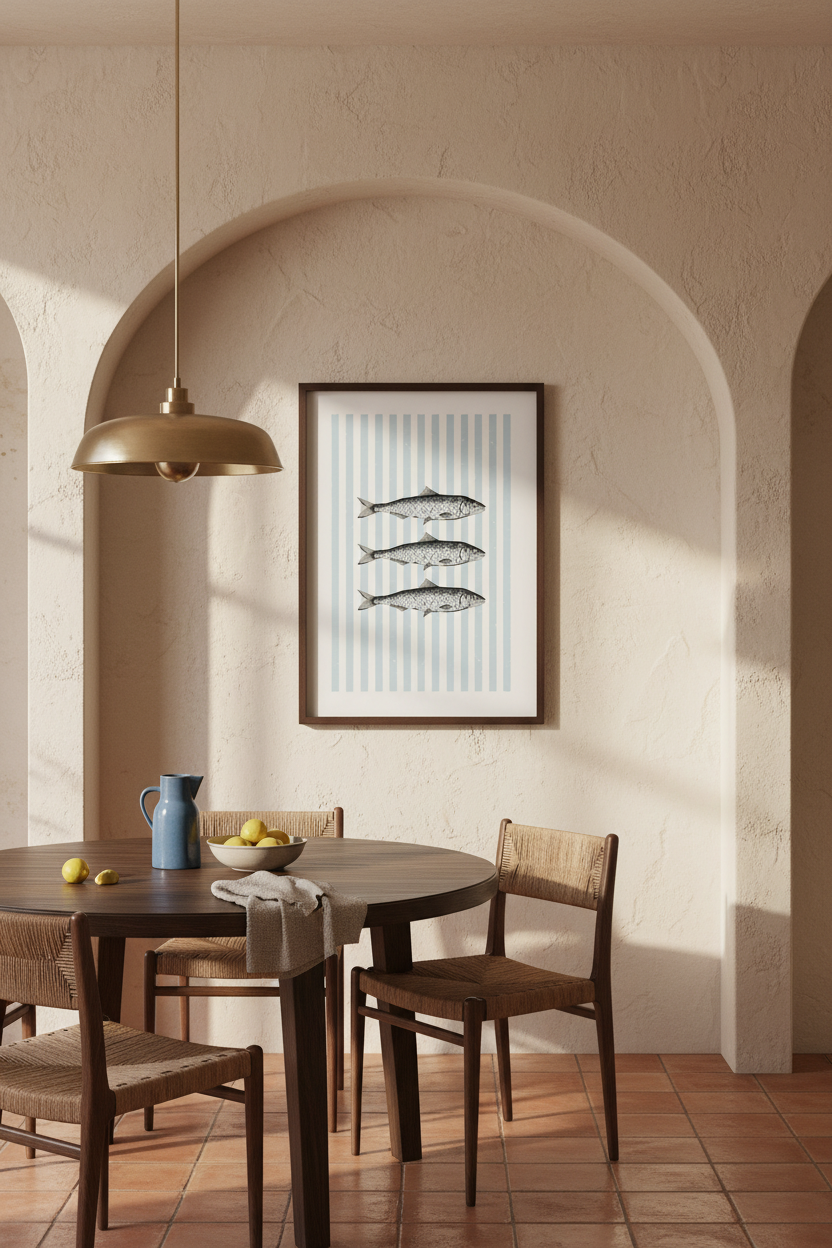 A framed art print featuring four striped fish, hung on a textured beige wall in a dining room setting with a wooden table, chairs, and a hanging pendant light.