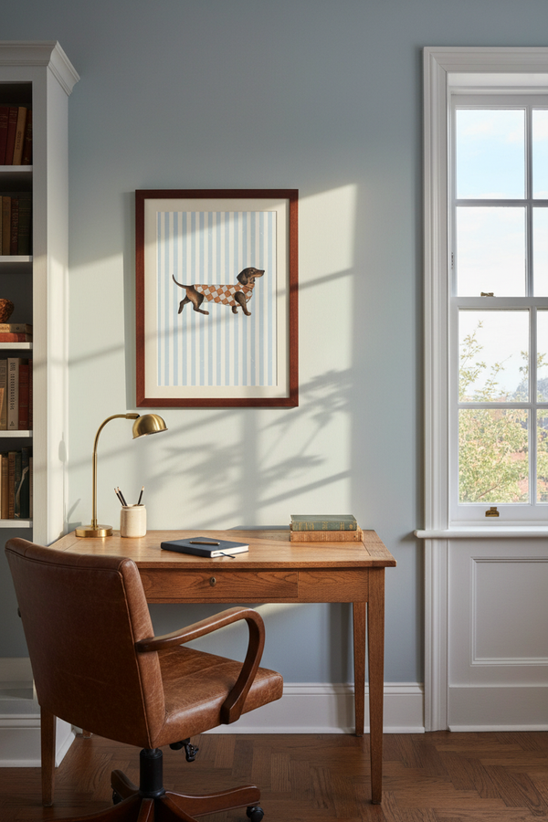 A framed art print featuring a dachshund on a striped background, hanging on a light blue-gray wall in a home office setting with a wooden desk, leather chair, and window.
