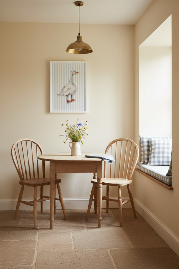A cozy dining nook with a round wooden table, two spindle-back chairs, a brass pendant light, and a built-in window seat with a blue-and-white check cushion against warm beige walls.