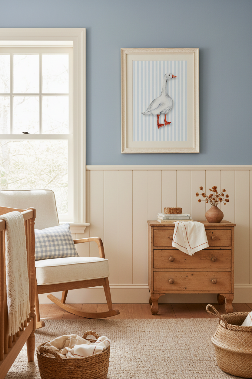 A framed art print of a white goose with red legs and beak on a light blue and white striped background, styled in a nursery setting with a blue wall, white wainscoting, a wooden rocking chair, and a wooden dresser.