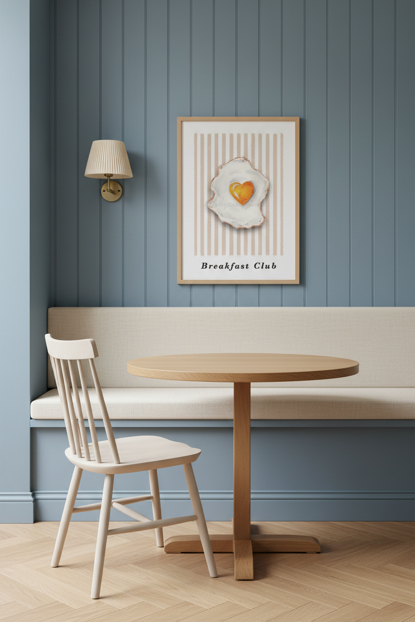 A framed art print featuring a fried egg with a heart-shaped yolk and the text 'Breakfast Club' hanging on a blue paneled wall above a wooden table and bench.