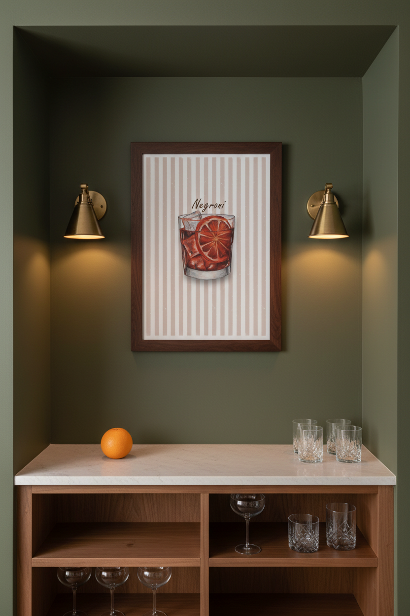 A framed wall art print featuring a cocktail glass with orange slices and the word 'Mojito' on a striped background, displayed in a dark olive green alcove above a wooden bar cabinet with wine glasses and an orange.