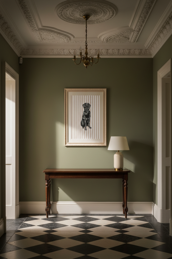 A framed art print of a black dog on a white striped background, displayed on an olive green wall in a classic hallway above a dark wood console table with a lamp.