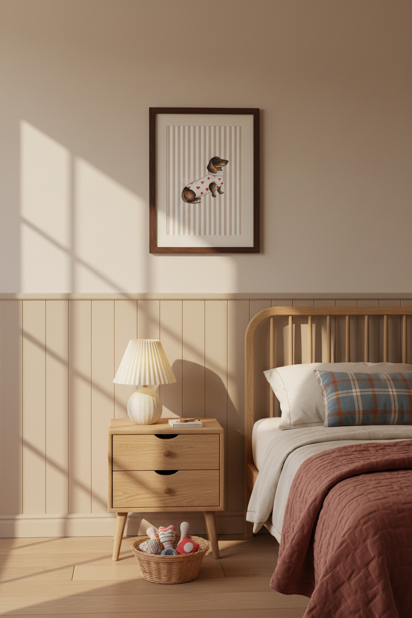 Brown striped Dachshund Heart Jumper art print in a walnut frame, styled in a sunlit child’s bedroom with mushroom panelling and oak furniture.