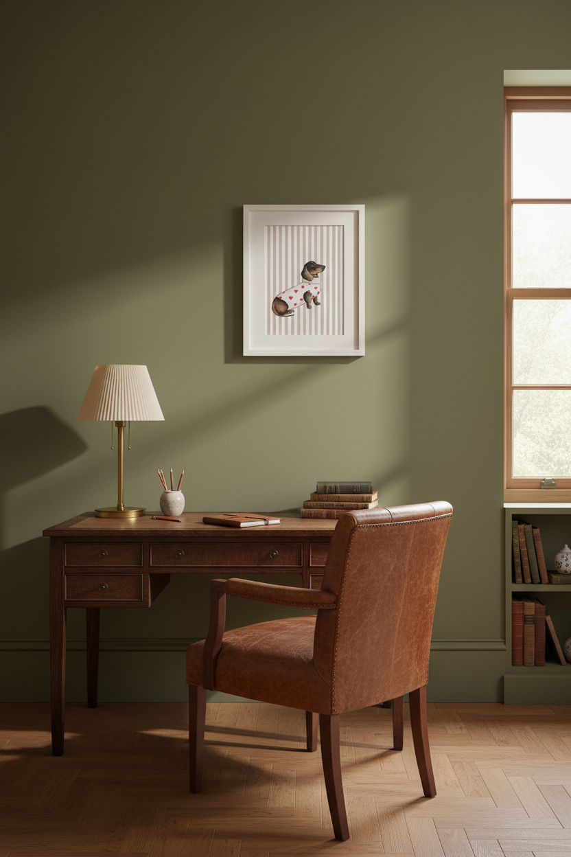 Brown striped Dachshund Heart Jumper art print in a white frame, displayed beside an oak desk in a warm olive-green study.