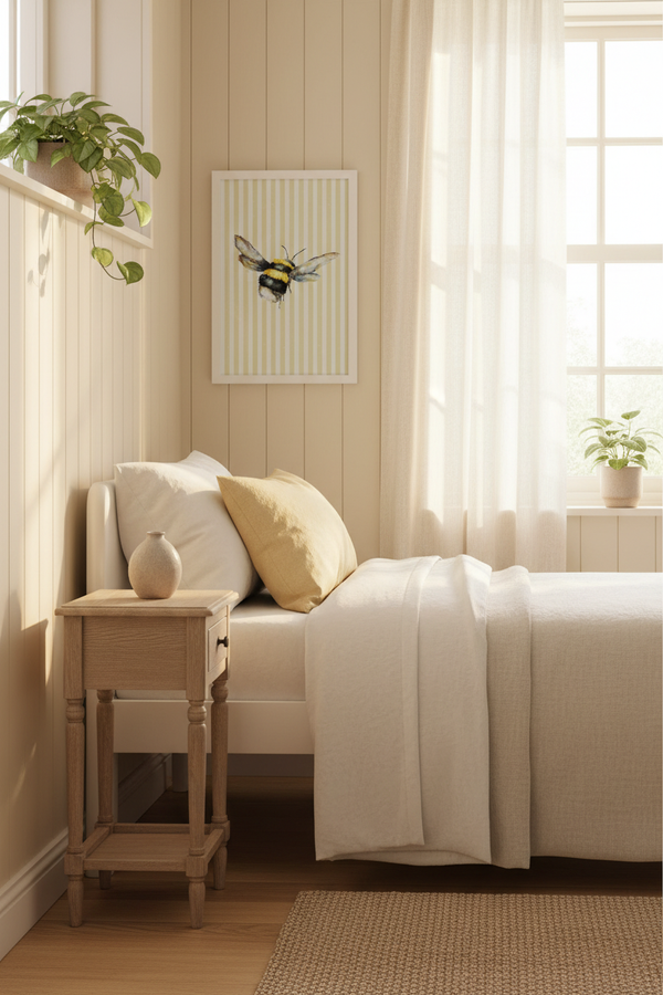 A styled bedroom scene with a bed dressed in white bedding and a yellow pillow, next to a light wood nightstand. A framed bee print hangs on the wall above the bed, with sheer curtains, a window, and potted plants in a warm neutral room.