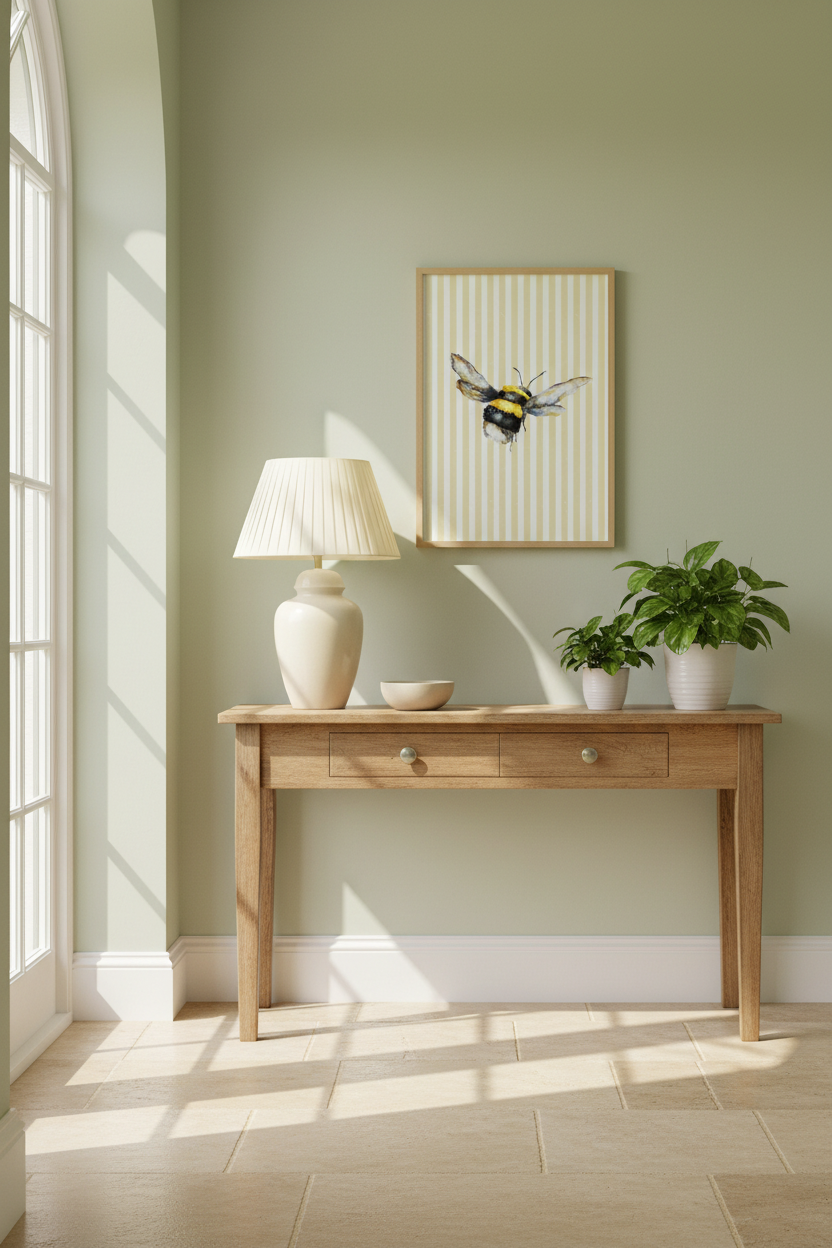A styled interior scene with a light wood console table against a sage green wall, featuring a cream lamp, a small bowl, two potted green plants, and a framed bee print on the wall.