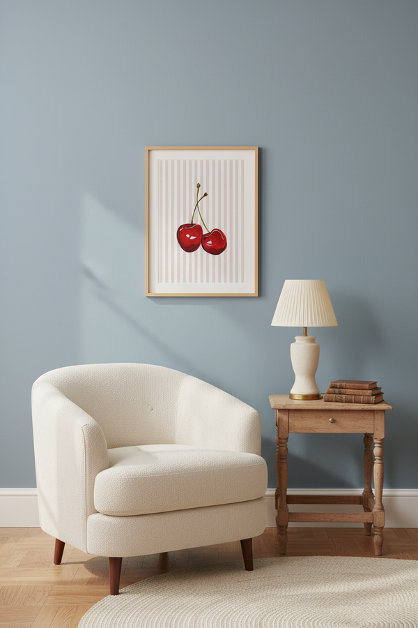 CHERRY pink stripe art print in a pale oak frame, styled in a dusty-blue reading corner with a cream armchair and antique oak side table.