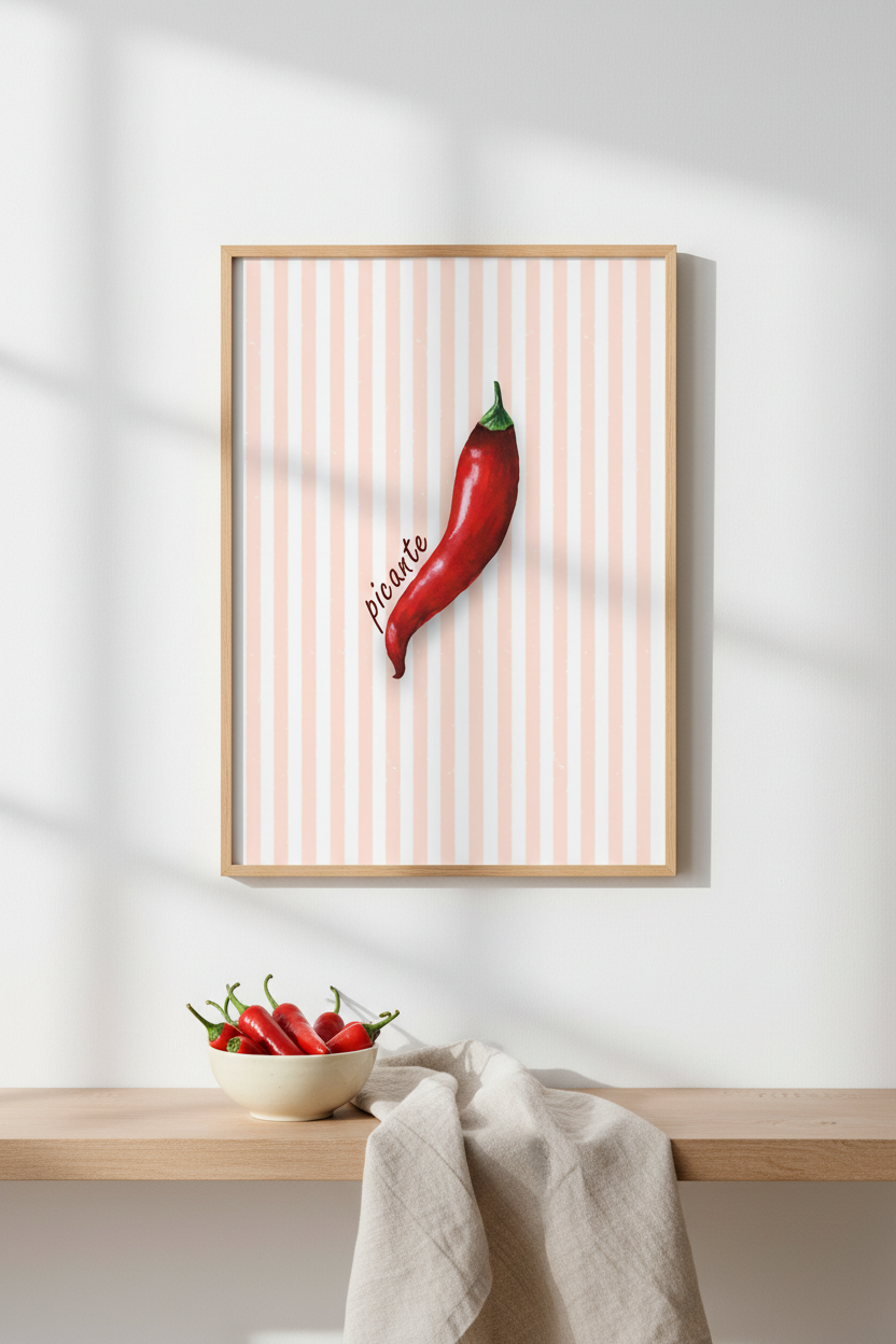 Framed wall art featuring a single red chili pepper on a white background with thin peach vertical stripes, displayed above a wooden shelf with a bowl of chili peppers and a draped fabric.