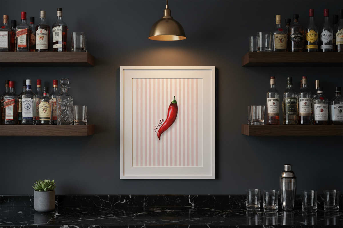 A framed wall art print featuring a single red chili pepper on a pale pink striped background, displayed in a bar setting with liquor bottles on shelves and a dark countertop.