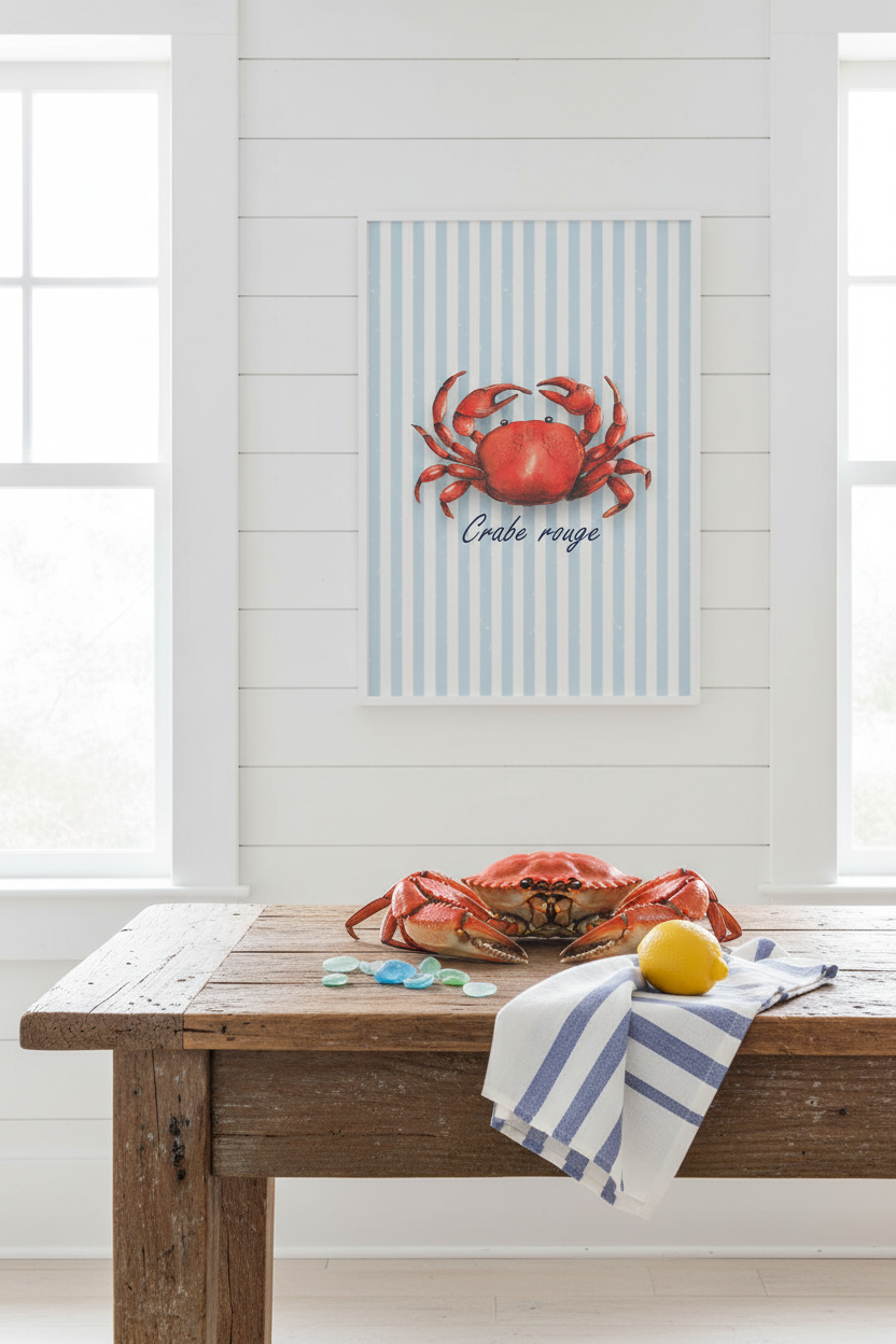 Red crab “Crabe rouge” kitchen art print displayed above a rustic table with crab and lemon.