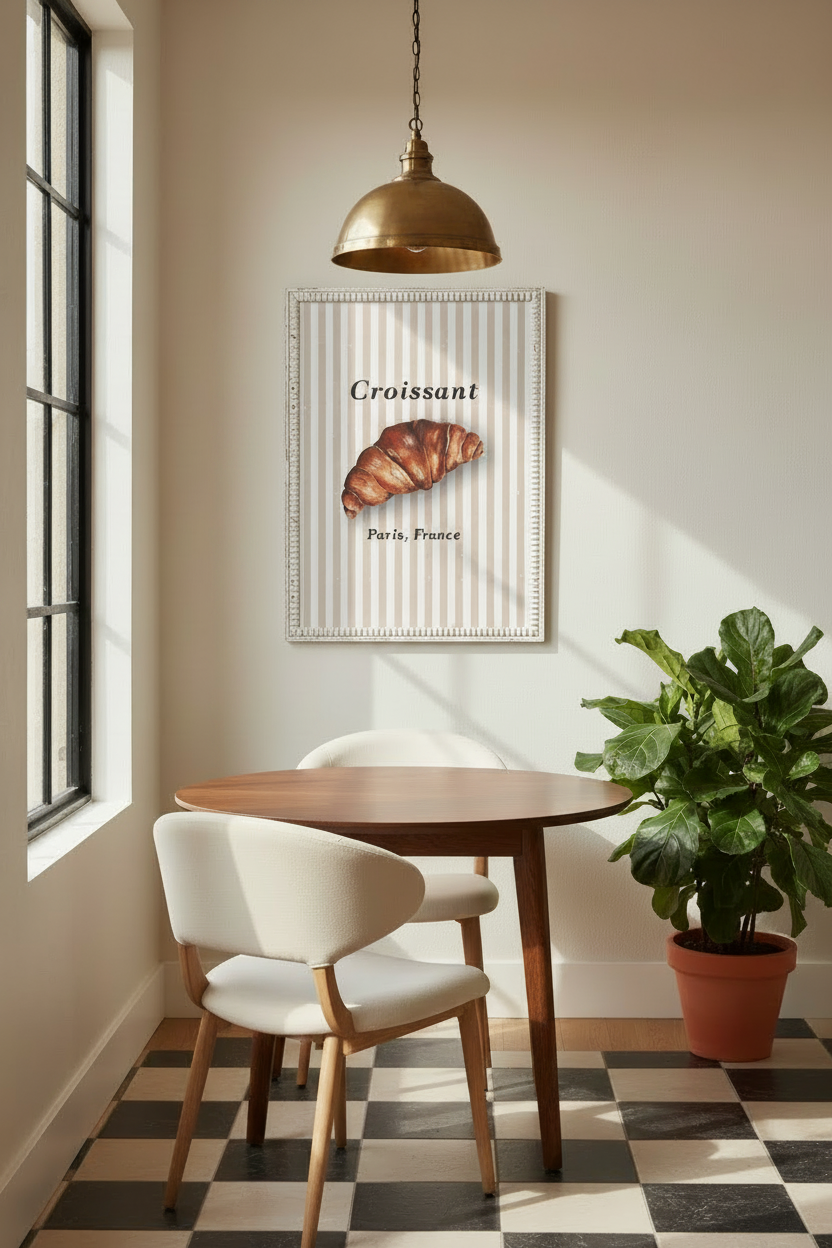 A framed wall art print featuring a croissant with the text 'Croissant Paris, France' hanging above a wooden dining table and chairs in a bright room with a window, pendant light, and potted plant.