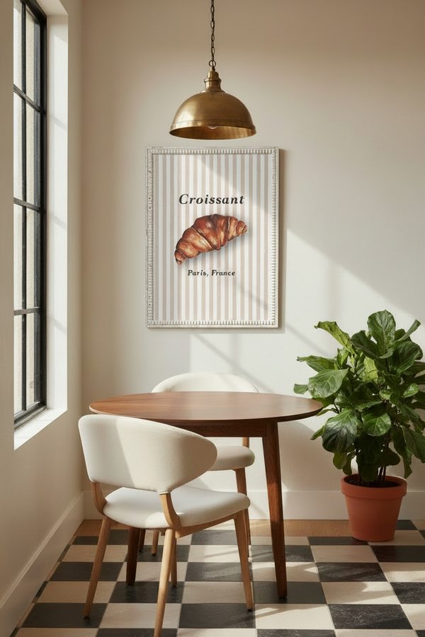 A framed wall art print featuring a croissant with the text 'Croissant Paris, France' hanging above a wooden dining table and chairs in a bright room with a window, pendant light, and potted plant.
