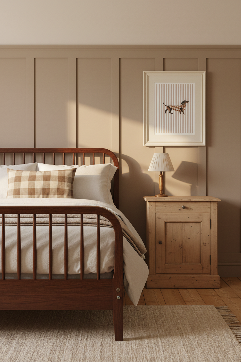 A styled bedroom scene featuring a dark wood spindle-top bed with cream bedding and a plaid accent pillow, next to a light wood nightstand with a lamp, set against beige paneled walls.