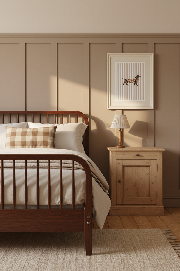 A styled bedroom scene featuring a dark wood spindle-top bed with cream bedding and a plaid accent pillow, next to a light wood nightstand with a lamp, set against beige paneled walls.