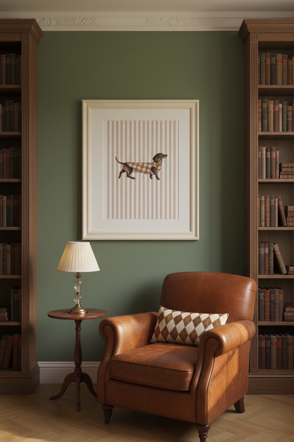Brown striped Dachshund art print in a carved white frame beside a caramel leather chair in a green Georgian reading nook.