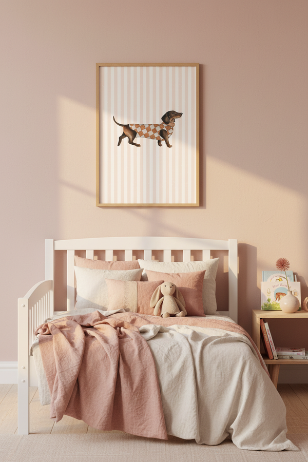 A framed wall art print featuring a dachshund in a plaid sweater, displayed above a white wooden bed in a softly lit nursery with blush pink walls and bedding.