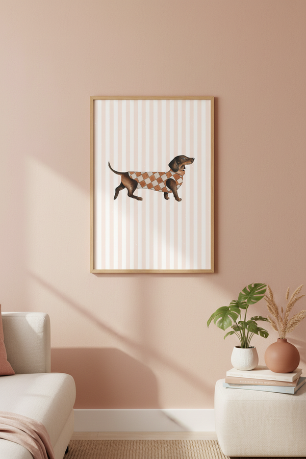 A framed art print featuring a dachshund wearing a brown and beige argyle sweater, displayed on a dusty pink wall in a styled living room setting.