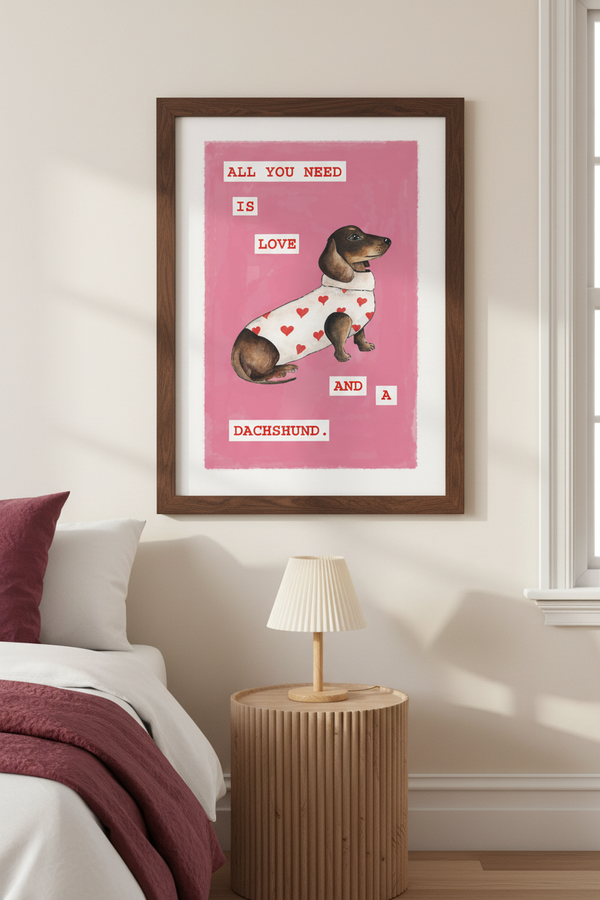 A framed art print featuring a dachshund in a white sweater with red hearts on a pink background, styled in a bedroom setting above a wooden nightstand and next to a bed.