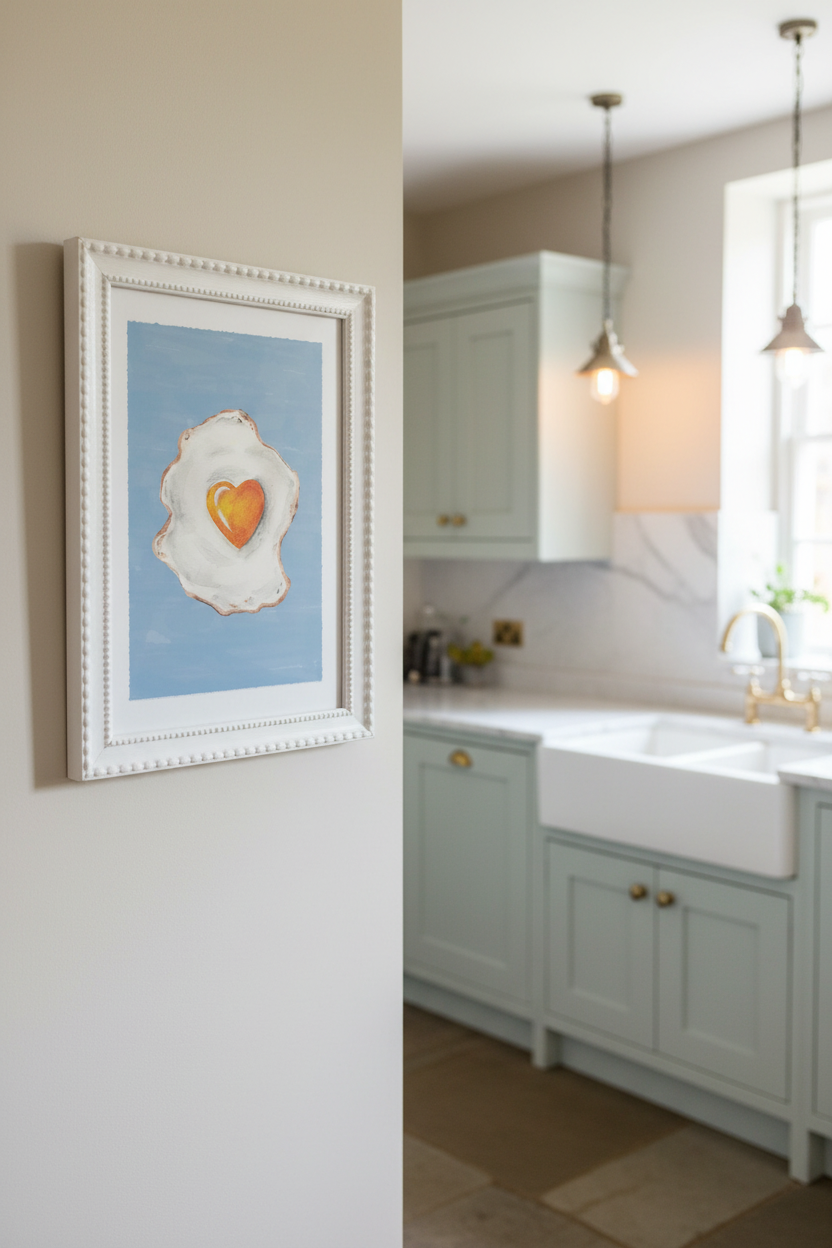 A framed art print featuring a stylized fried egg with a heart-shaped yolk on a light blue background, displayed on a beige wall in a modern kitchen setting.
