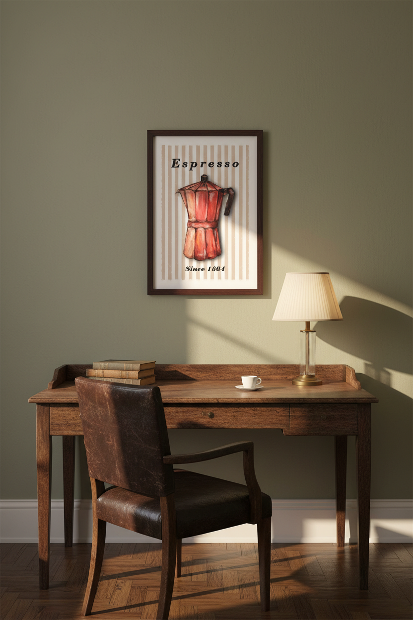 A framed wall art print featuring an espresso moka pot hangs above a wooden desk in a styled room with a leather chair, lamp, books, and a small cup of coffee on a warm olive-green wall.