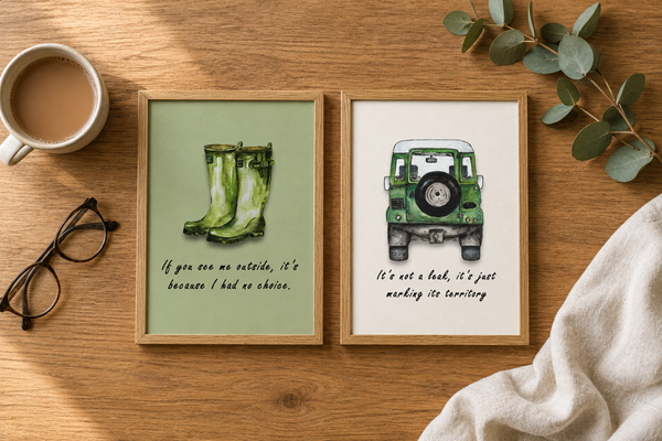 Flat-lay of two A5 watercolour art prints in oak frames on a wooden table with a mug, reading glasses and eucalyptus, showing green wellington boots and a green classic 4x4 with hand-lettered text.