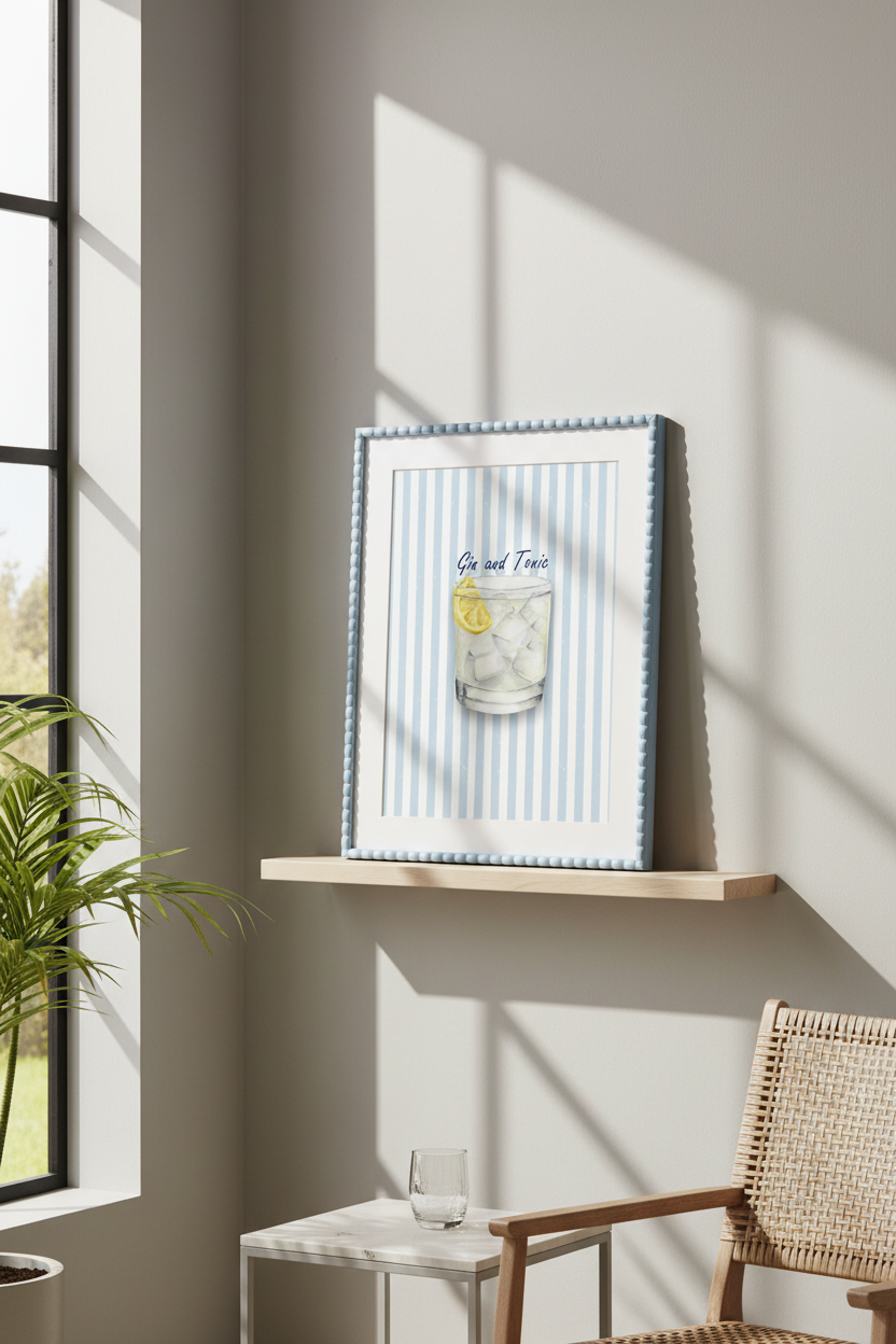 Gin and tonic art print in a blue bobbin frame, displayed on an oak shelf in a bright garden room with sunlight and leafy plants.⠋