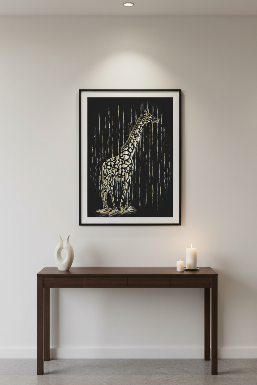 A framed art print of a giraffe under rain, displayed on a light gray wall above a dark wood console table with decorative candles and a vase.