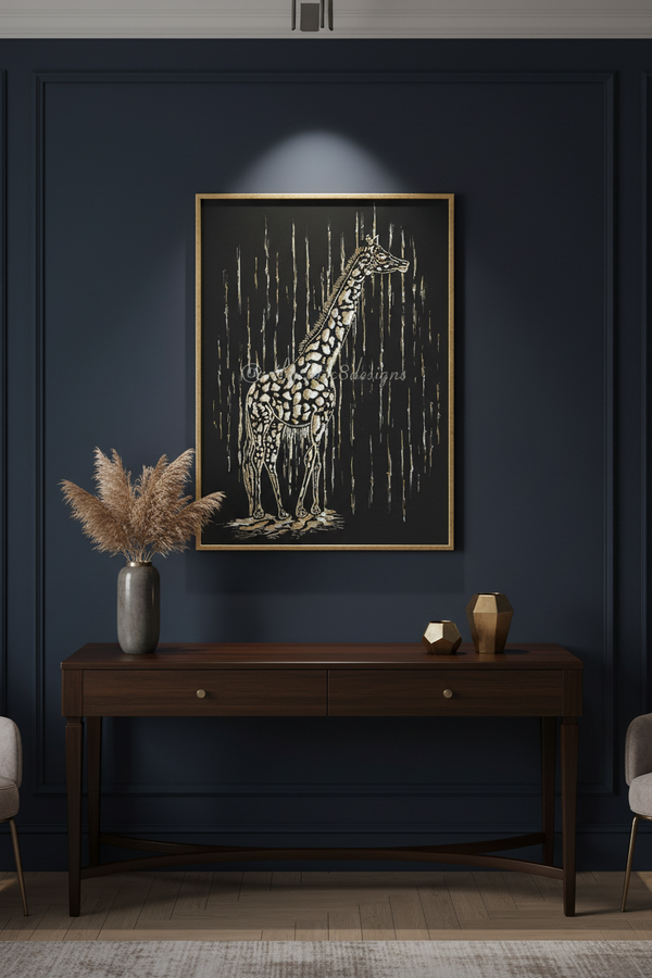 A framed vertical art print of a giraffe under rain, styled on a dark navy blue wall above a wooden console table with decorative vases.