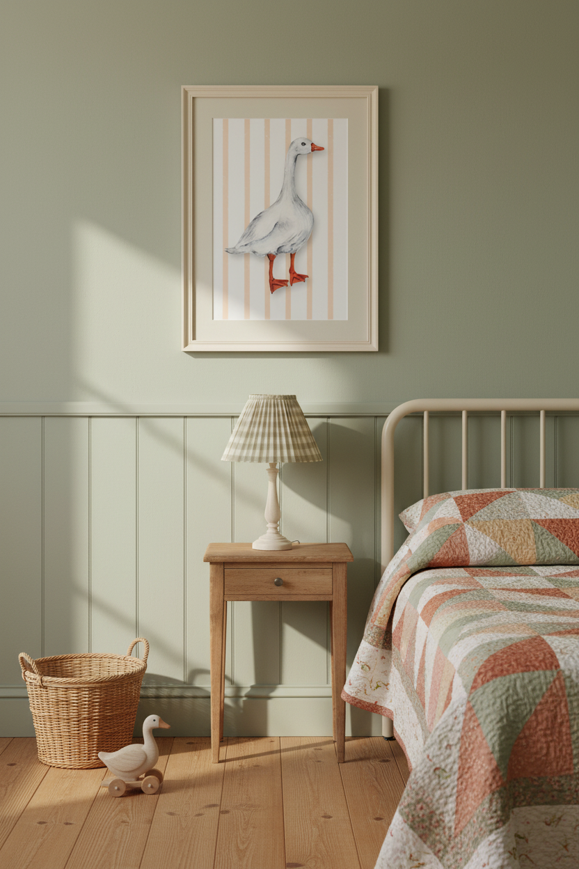 A framed art print of a white goose on a striped background, hanging on a sage green wall above a wooden nightstand and bed in a cozy, sunlit bedroom.