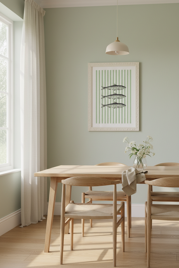A styled dining room corner featuring a light wood dining table and chairs, a hanging pendant light, and a framed art print of three fish on a striped background on a sage green wall.