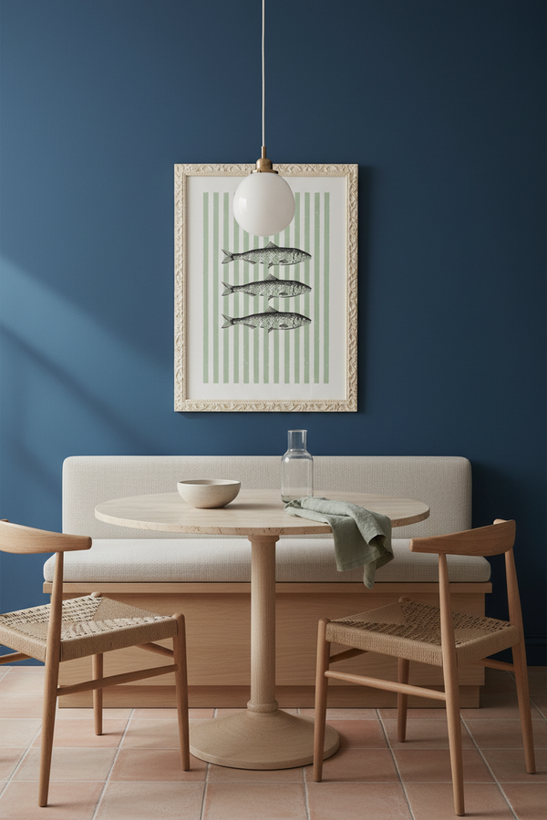 A styled dining nook with a round wooden table, two woven-back chairs, a cream upholstered bench, and a hanging pendant light against a deep blue wall. A framed art print featuring fish on a striped background hangs above the bench.