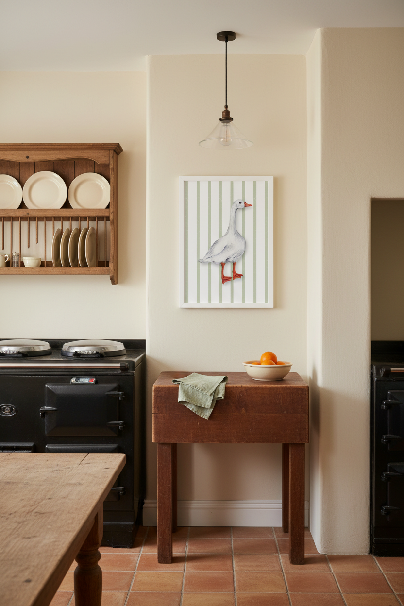 A framed art print featuring a white goose on a background of vertical white and light green stripes, hanging on a beige wall in a rustic kitchen setting with a wooden table, stove, and terracotta floor.