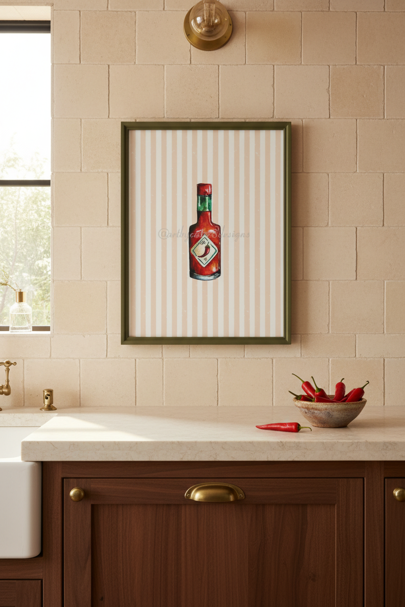 A framed art print featuring a stylized red hot sauce bottle on a cream and white striped background, hanging on a beige tiled kitchen wall above a wooden counter with a bowl of red chili peppers.