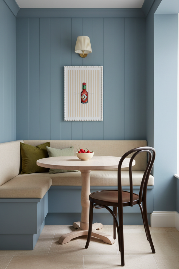 HOT SAUCE orange stripe art print in a white bobbin frame, styled in a dusty-blue dining nook with cream seating and a pale oak table.